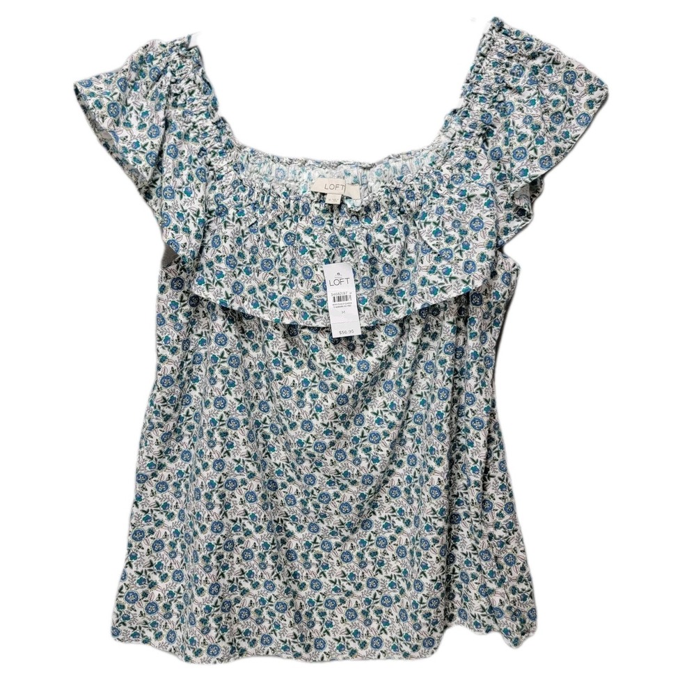 Loft Linen Ditsy Floral Shirt Women M Top Cottagecore Pullover Ruffle Sleeveless